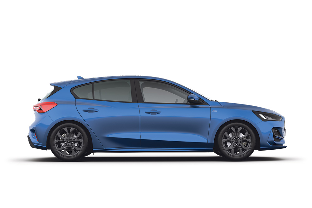 A blue Ford Focus mild hybrid car