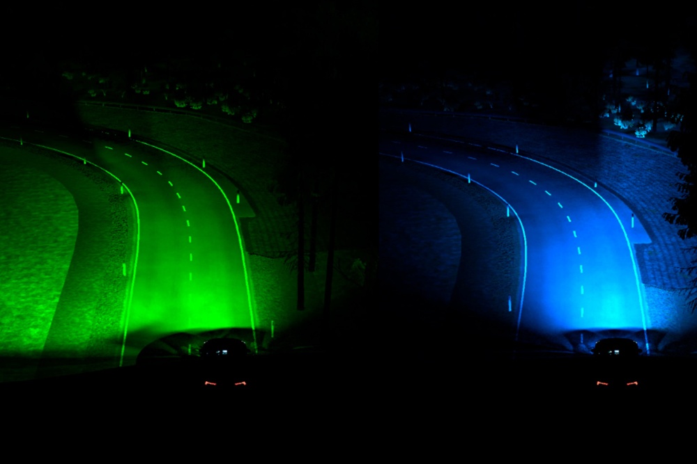 Two images demonstrating the predictive dynamic bending headlights, one using green light and one using blue light.