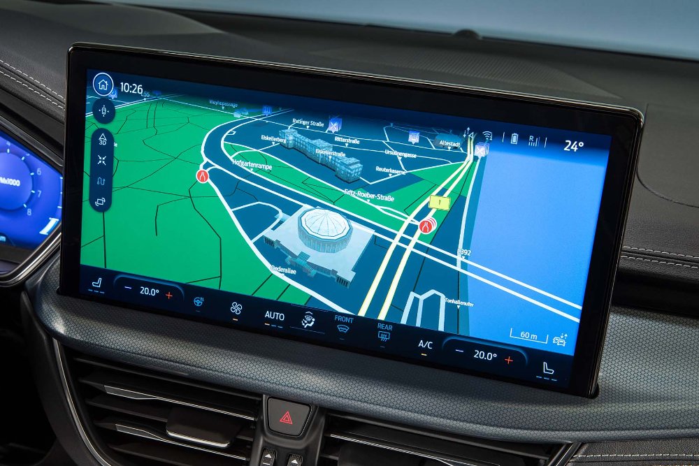 A close up of the SYNC touchscreen showing the navigation and maps in use.