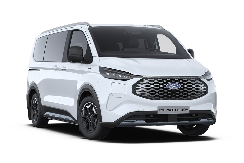 Front left angle of a white Ford E-Tourneo Custom Active.​