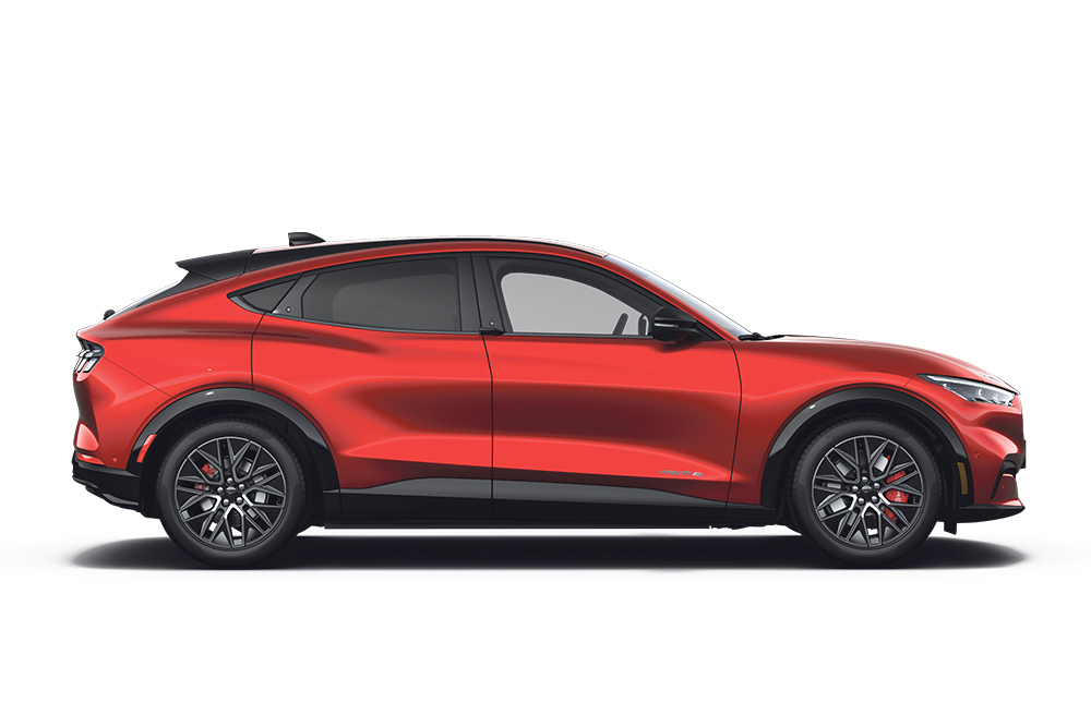 Red Ford Mustang Mach-E, part of the Ford SUV range.