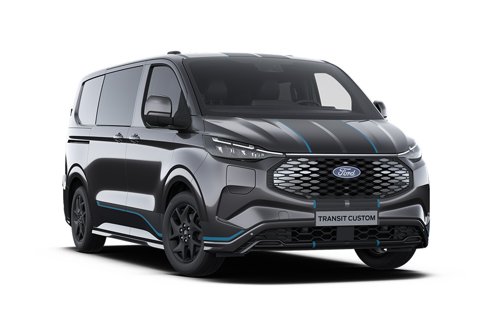 Dark gray Ford E-Transit Custom Sport double cab-in-van, front view.