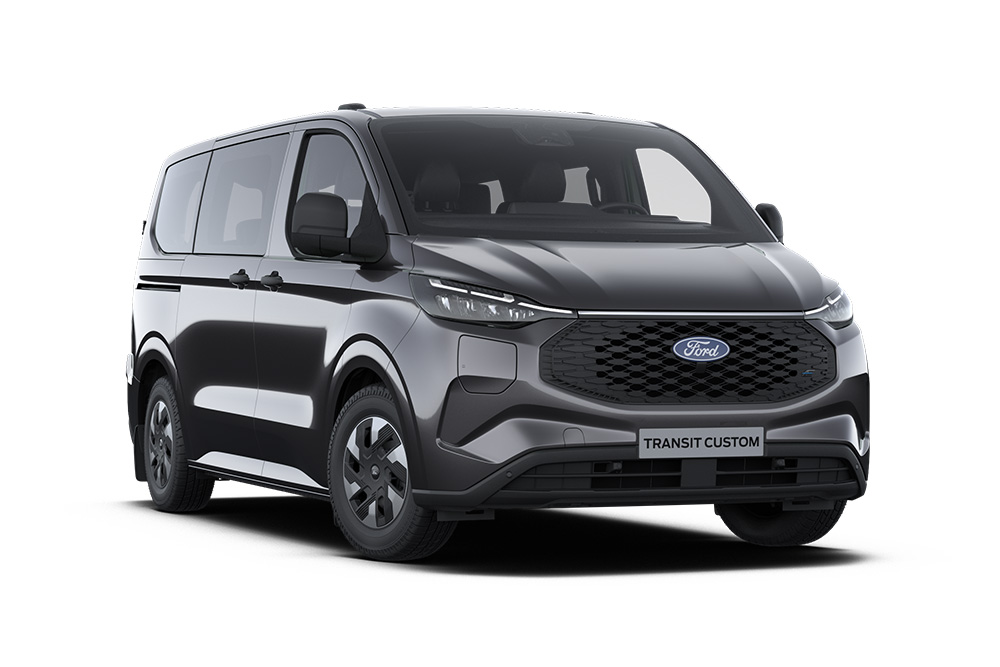Dark gray Ford Transit Custom Trend Kombi van, front view.