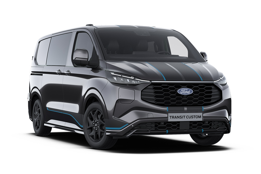 Front left angle of a dark grey  Sport Ford Transit Custom Double Cab-in-Van with blue accents and black bumper stripe, on a white background.