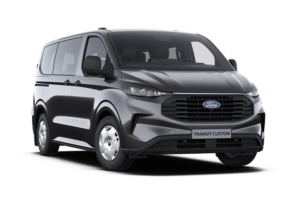 Front left angle of a dark grey Ford Transit Custom Kombi Trend on a white background.