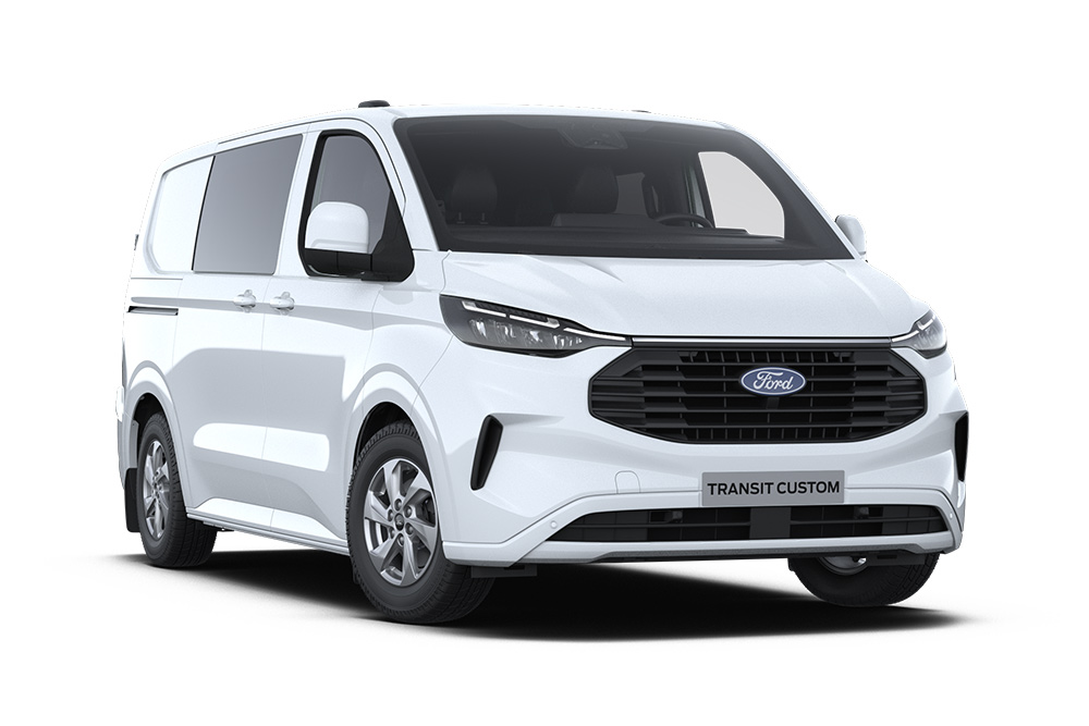 Front left angle of a white Ford Transit Custom Double Cab-in-Van on a white background. 