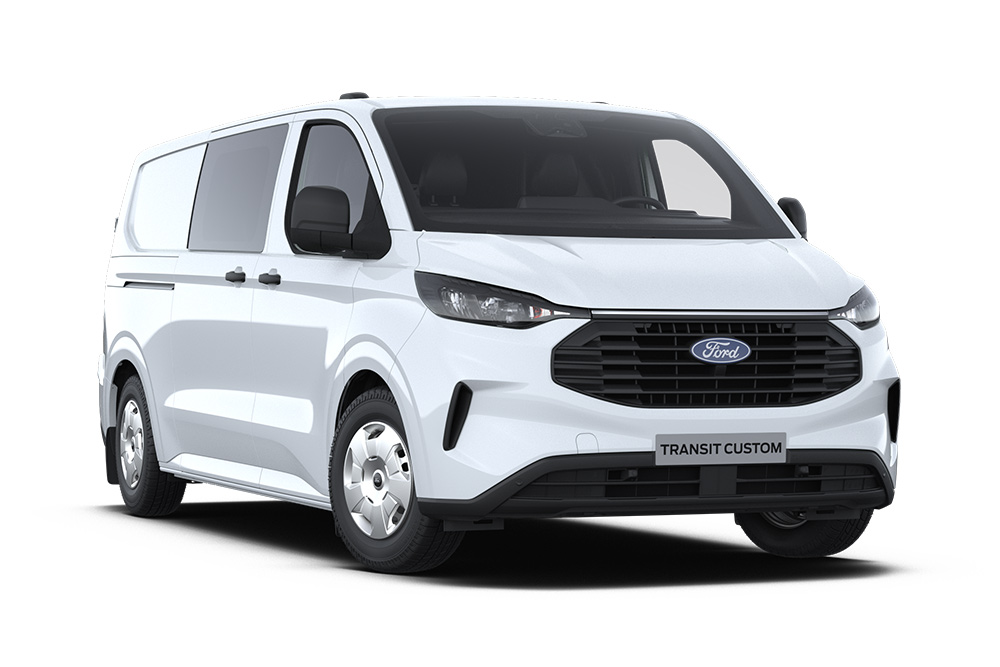 Front left angle of a white Ford Transit Custom Multicab on a white background.