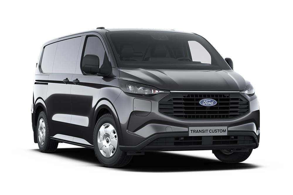 Front left angle of a dark grey Ford Transit Custom PHEV Trend on a white background.