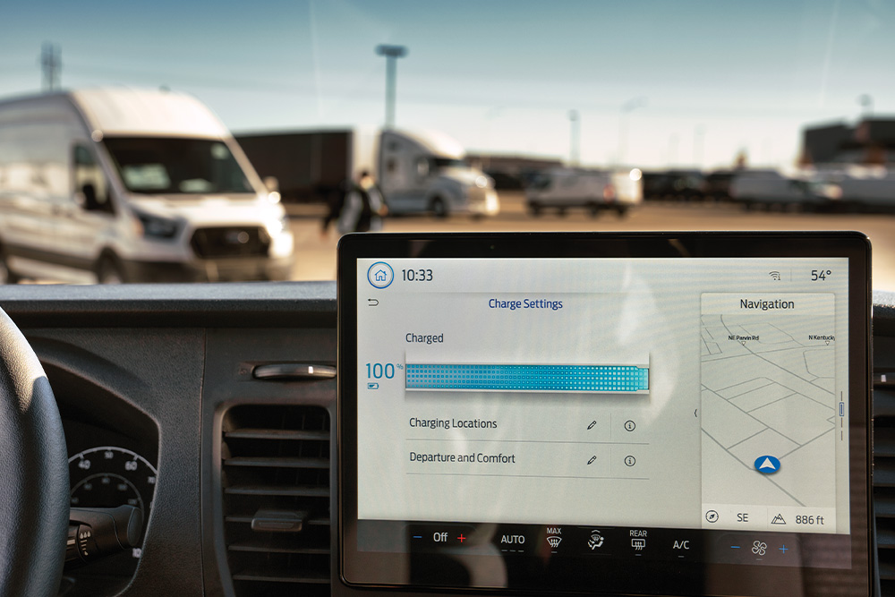 Ford Transit Custom dashboard displaying charging information.