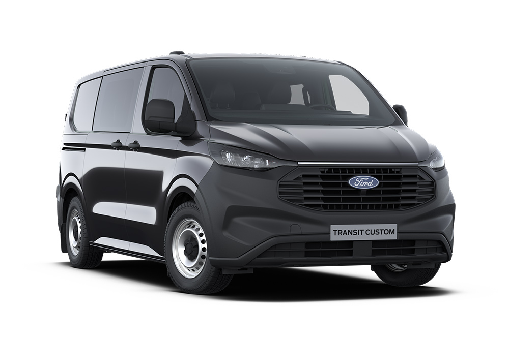 Front left angle of a dark grey Leader Ford Transit Custom Double Cab-in-Van on a white background. 