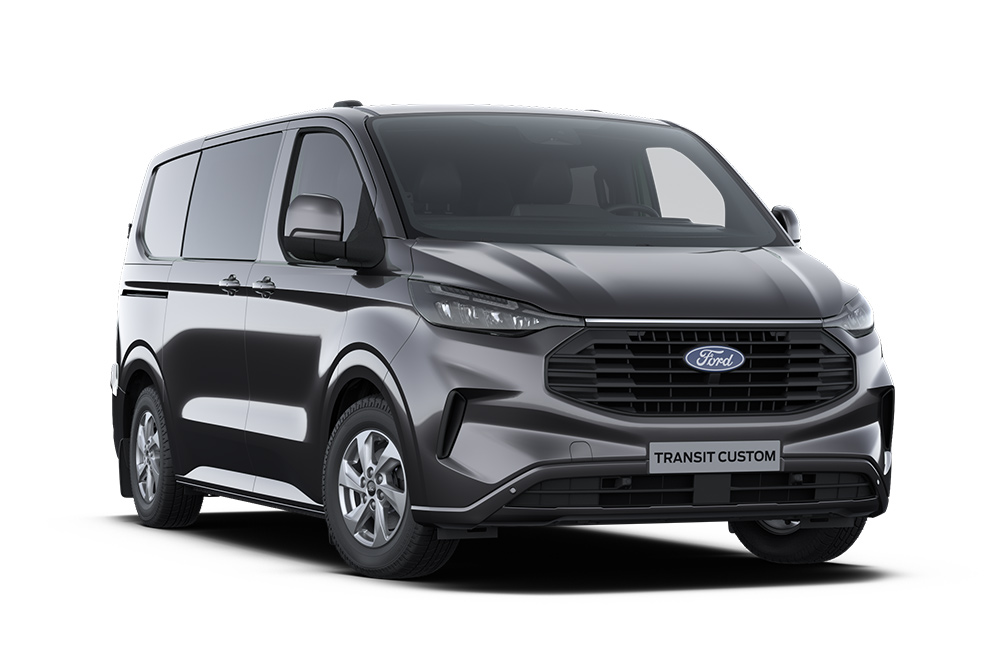 Front left angle of a dark grey Limited Ford Transit Custom Double Cab-in-Van on a white background.