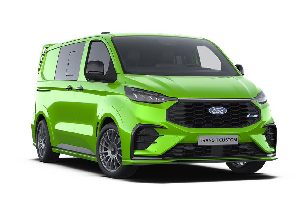 Front left angle of a green MS-RT Ford Transit Custom Double Cab-in-Van on a white background.