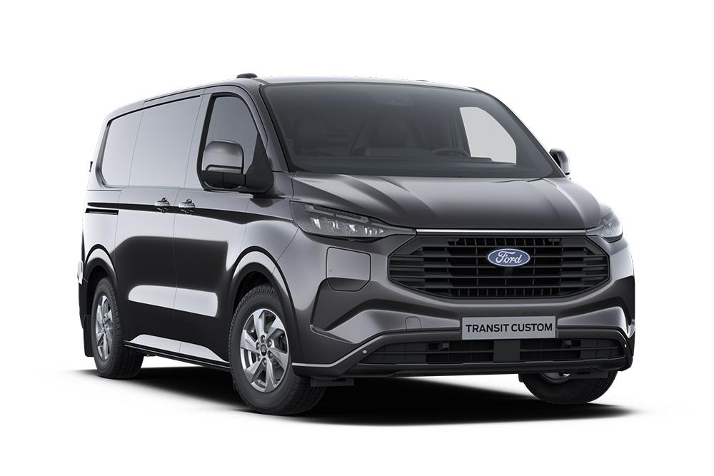 Front left angle of a dark grey Limited Ford Transit Custom van on a white background. 