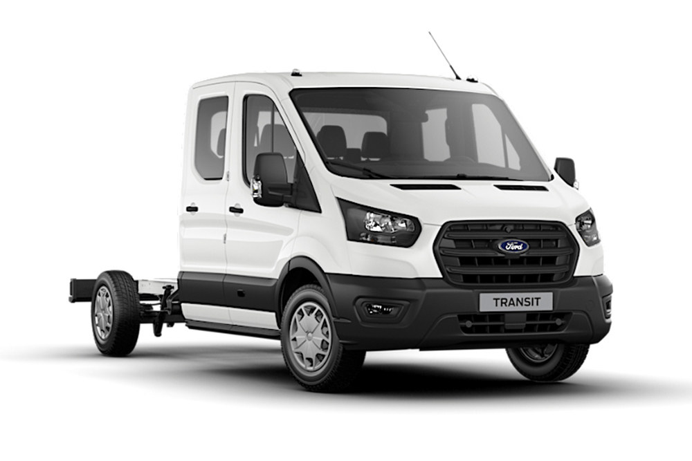 White Ford Transit Chassis Double Cab Trend van on a white background.