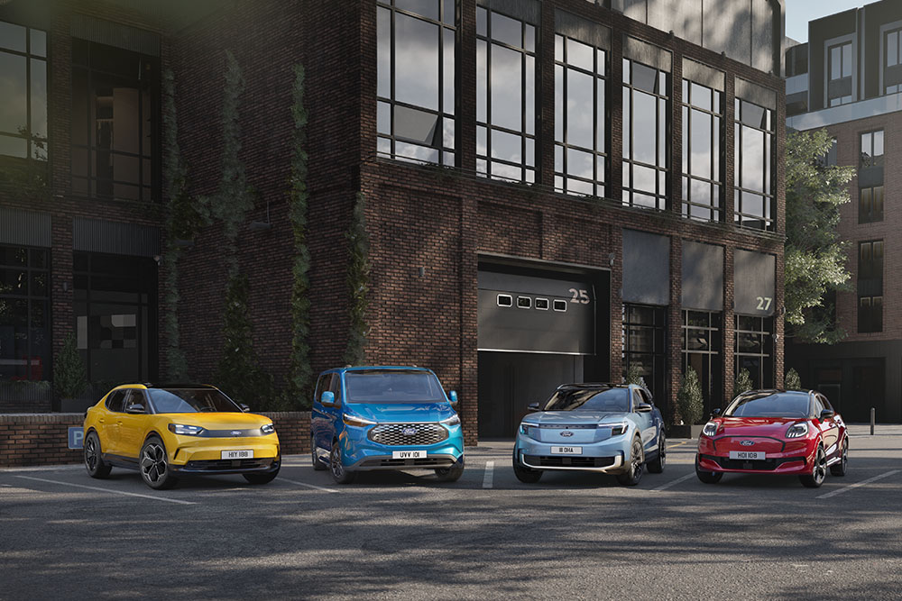 Line-up of Ford electric vehicles, including the Capri, E-Transit Custom, Explorer and Puma Gen-E.